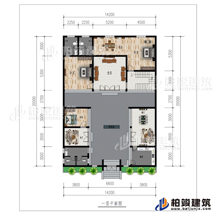 一层：厨房、2客厅、餐厅、公卫、3卧室、影壁墙、堂屋、书房、2内卫